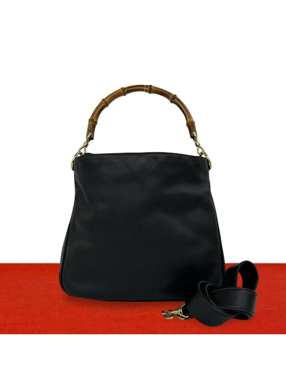 Gucci Vintage Bamboo Leather 2-Way Shoulder Bag Black